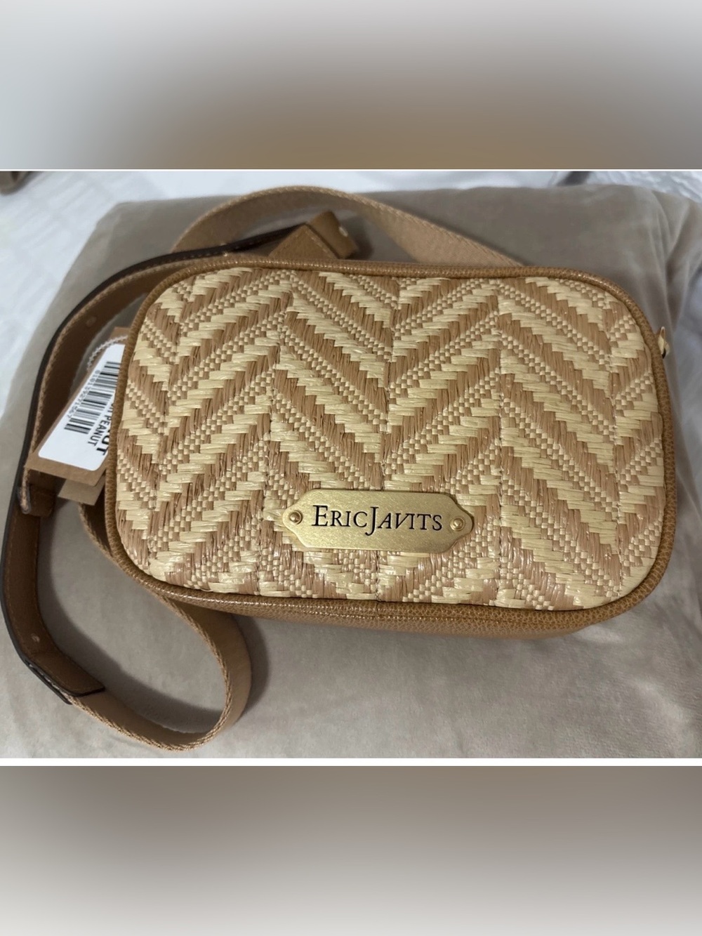 Eric Javits Tan and Cream (peanut)Woven Crossbody with Gold Plaque